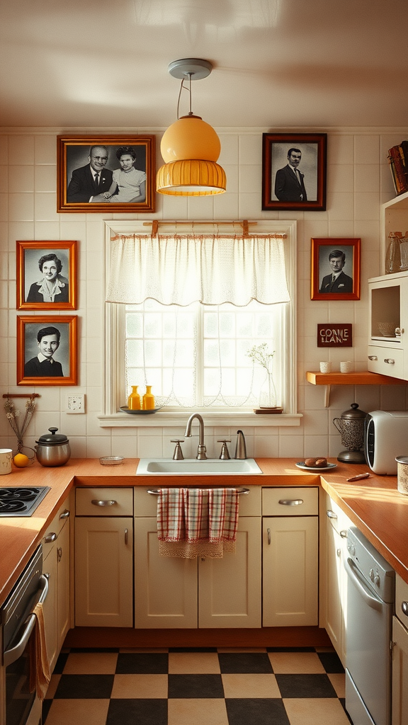 A 1950s kitchen with family photos displayed on the walls