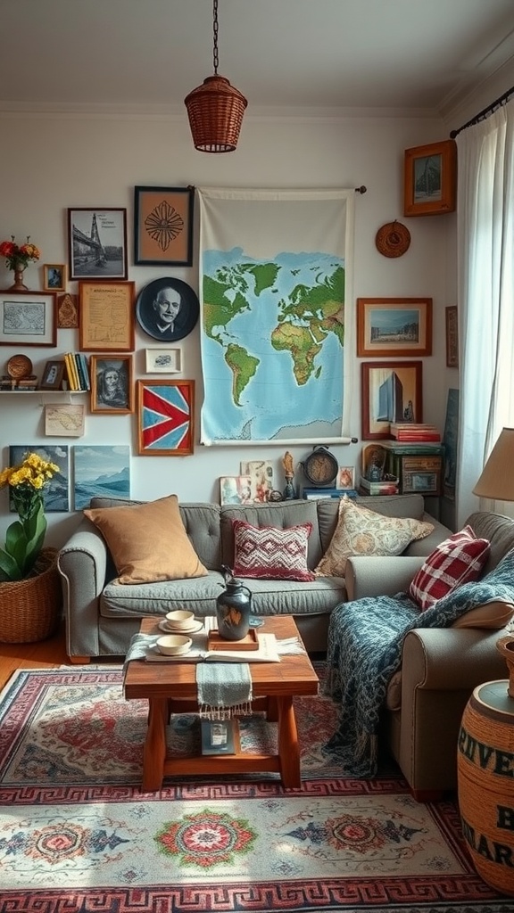 A cozy vintage boho living room with travel souvenirs and decor.