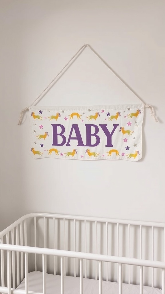 Personalized unicorn name banner hanging above a crib in a nursery