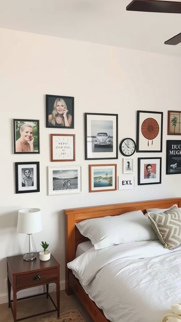 A cozy bedroom with a collection of framed photos and art on the wall, showcasing personalized decor.