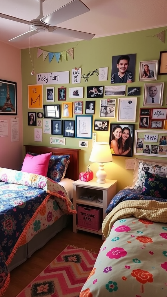 A cozy bedroom with two beds and a colorful wall art display featuring various framed photos and decorations.