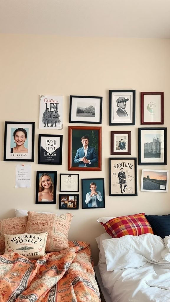 A cozy dorm room with a personalized wall art display featuring various framed photos and quotes