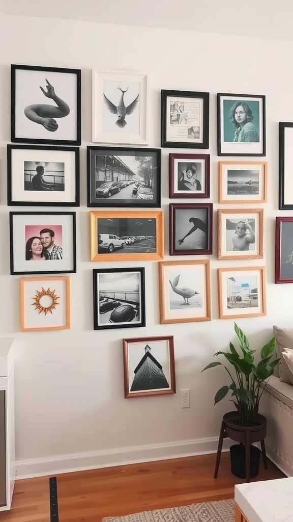 A gallery wall featuring various framed artworks and photographs in different styles.