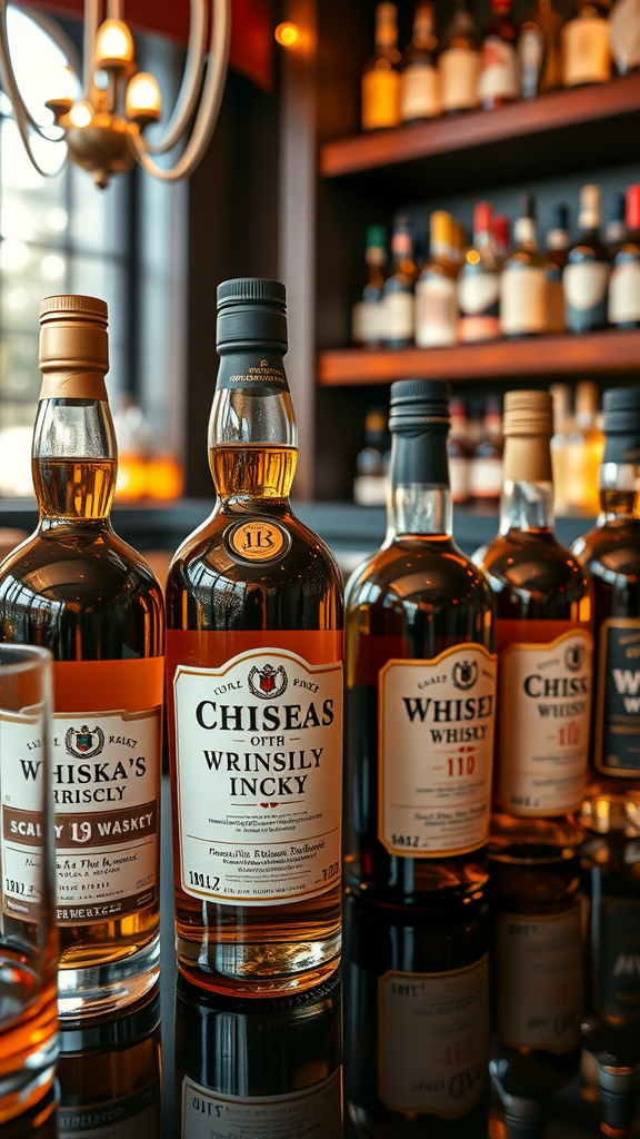 A selection of whisky bottles with personalized labels on a bar shelf.