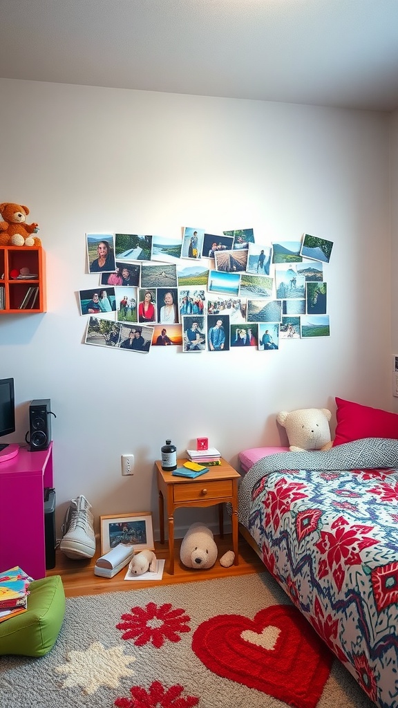 A personalized photo collage displayed on a white wall in a dorm room, featuring various pictures and colorful decor elements.