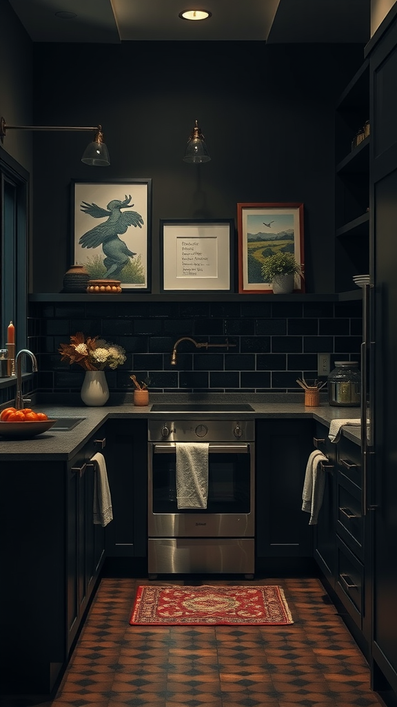 A stylish dark kitchen featuring custom artwork on the walls.