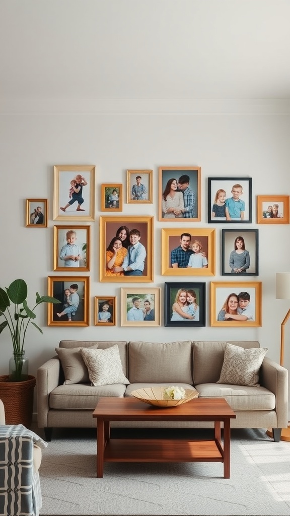 A cozy living room with a sofa, coffee table, and a wall adorned with family photos in different frames.