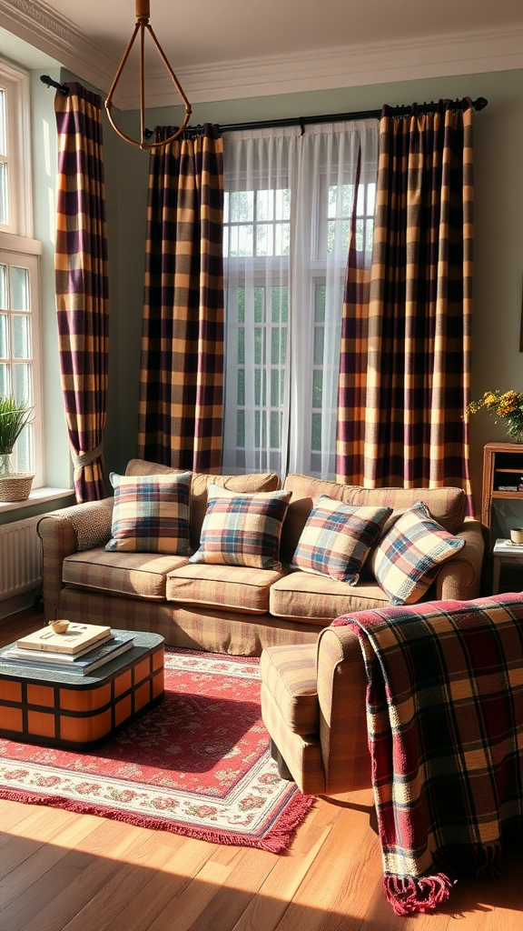 Cozy living room with plaid curtains and cushions, featuring warm lighting and a welcoming decor.