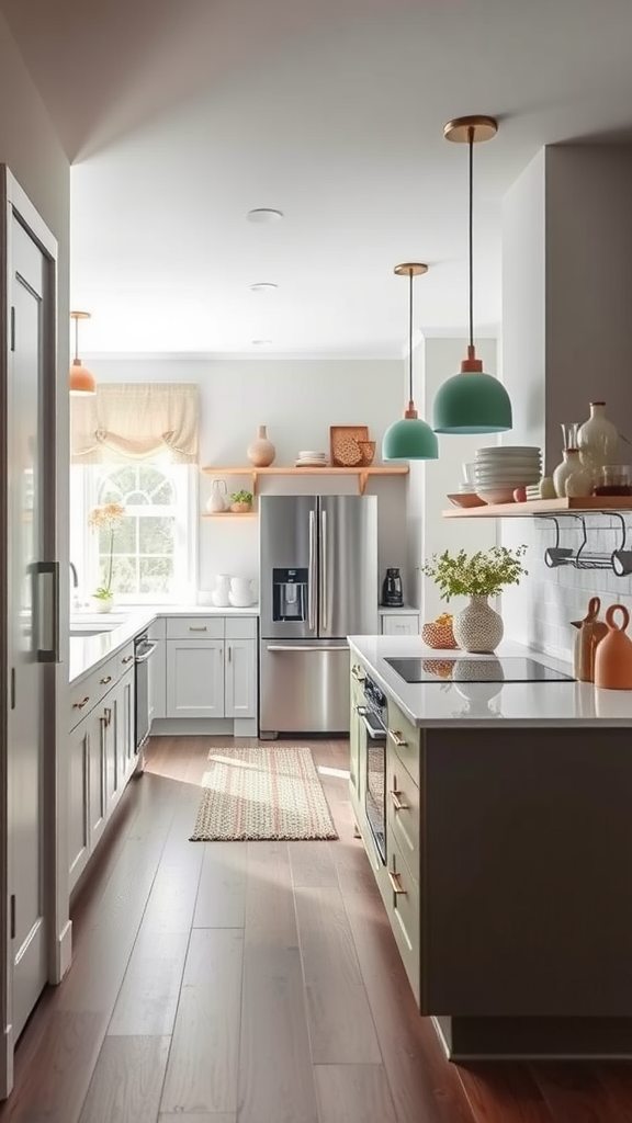 A narrow kitchen with a modern island, showcasing ample space for foot traffic.