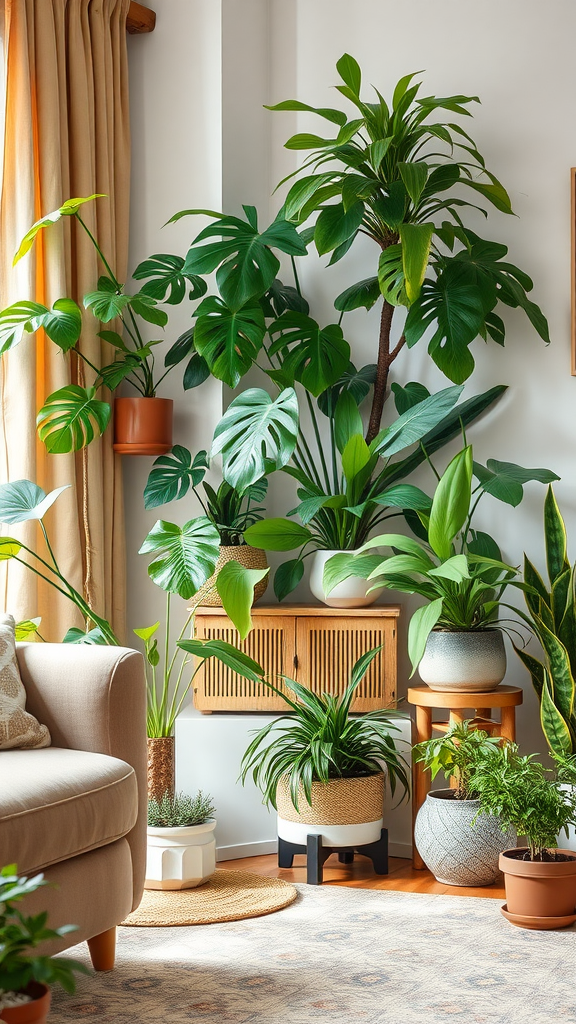 Cozy living room with various indoor plants styled for freshness.