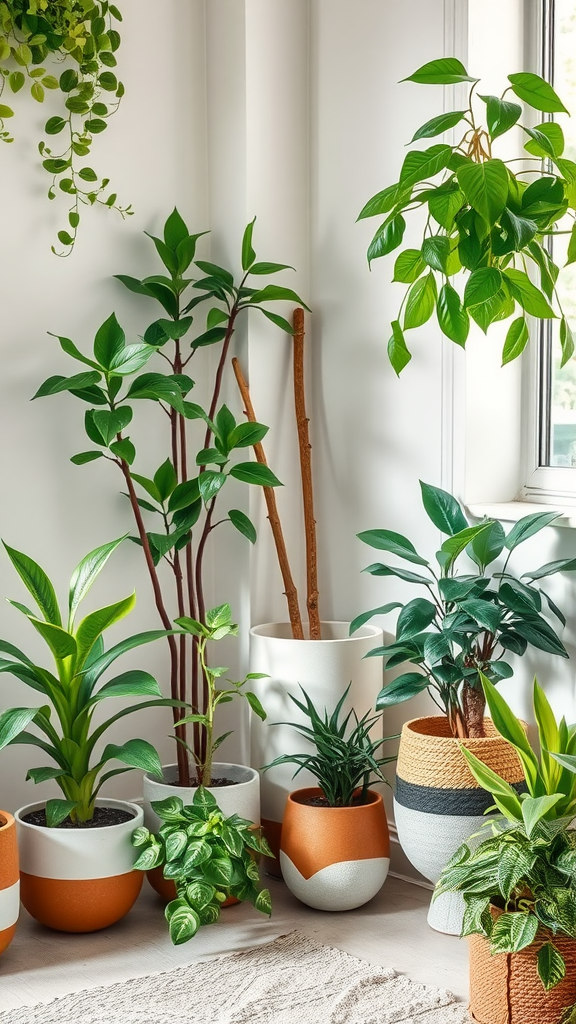 A cozy corner with various indoor plants in decorative pots, enhancing a serene atmosphere.