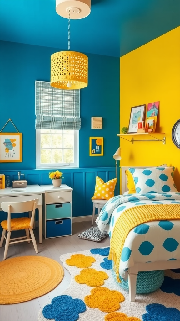 A brightly colored bedroom with blue walls and yellow accents, featuring two beds with yellow bedding.