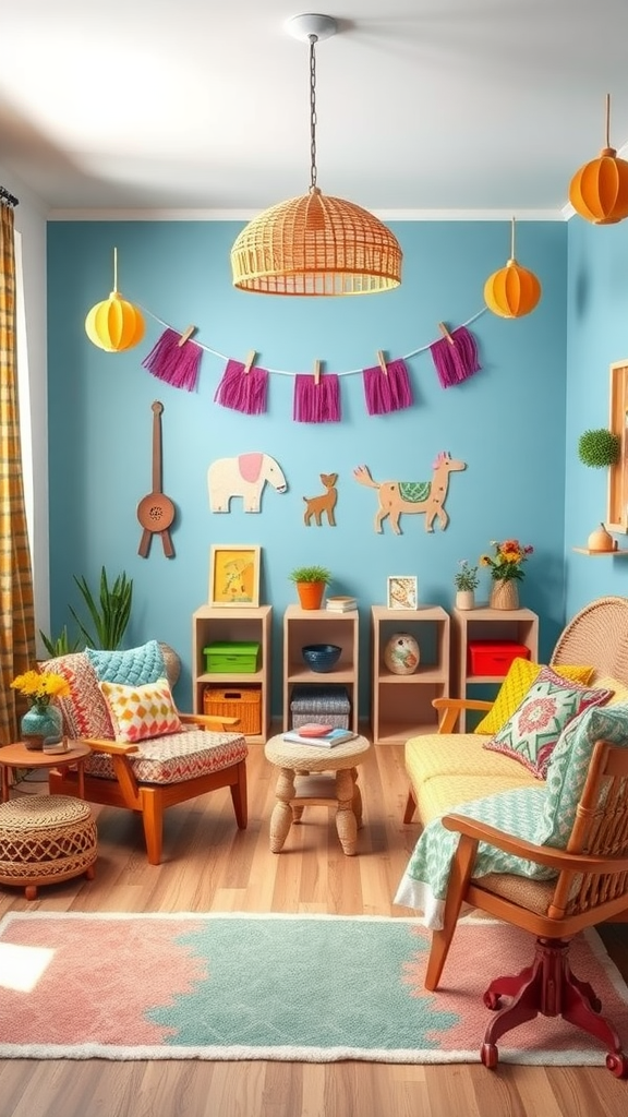 A vibrant boho playroom featuring colorful decorations and cozy seating.