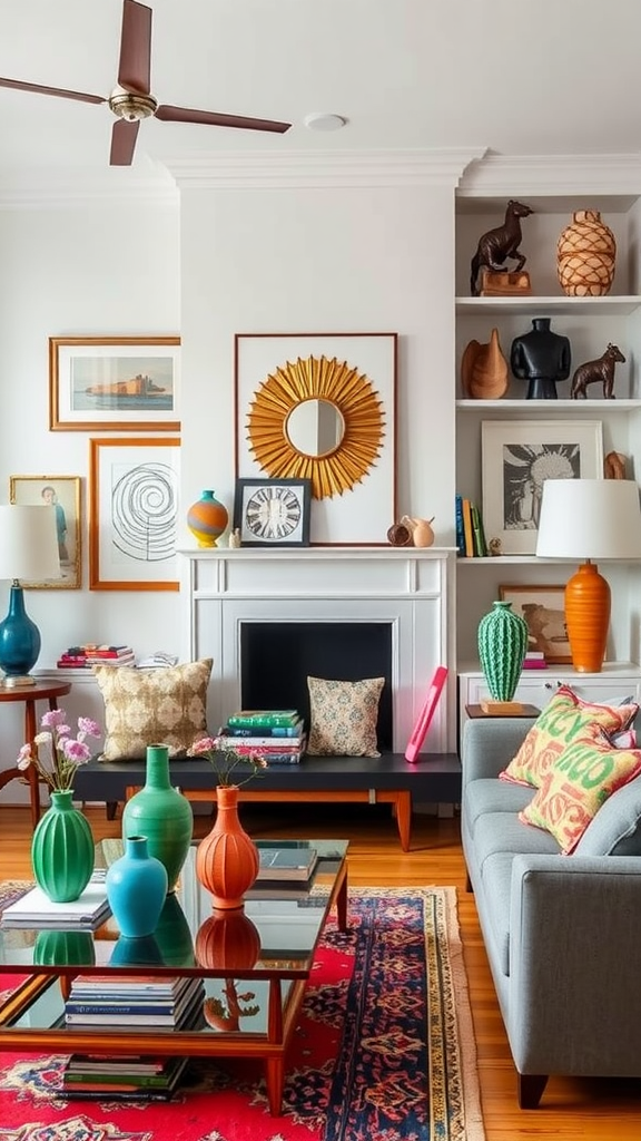 Colorful vases and art in a vibrant living room setting.