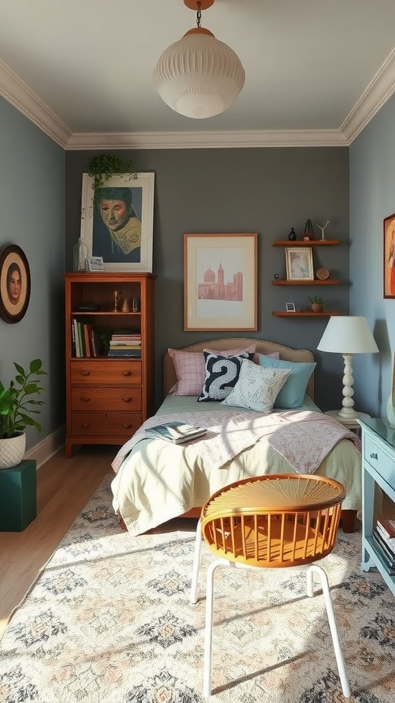 A cozy room featuring a bed with colorful pillows, a bright orange chair, and a wooden bookshelf.