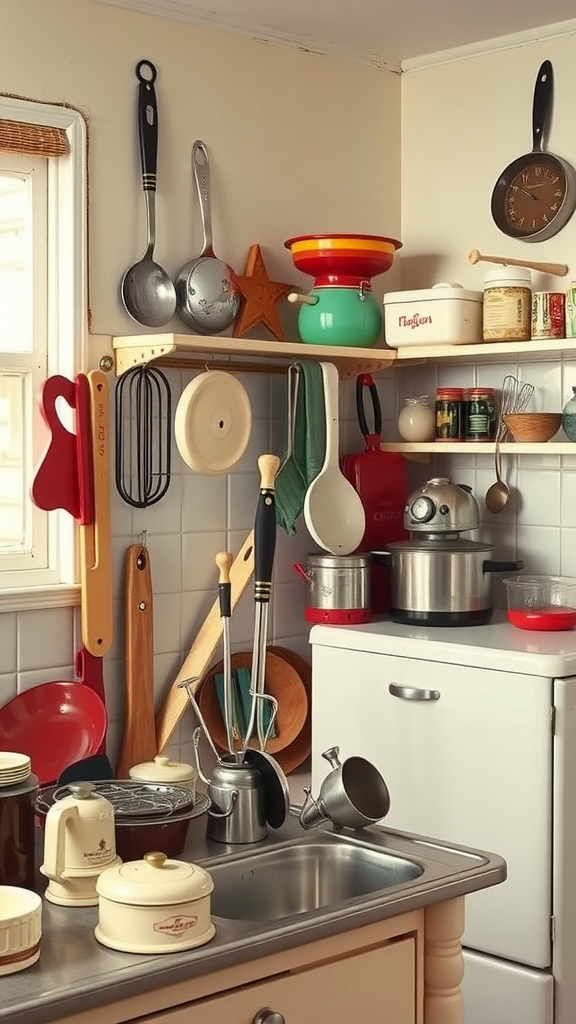 A vintage 1950s kitchen filled with colorful utensils and playful gadgets.