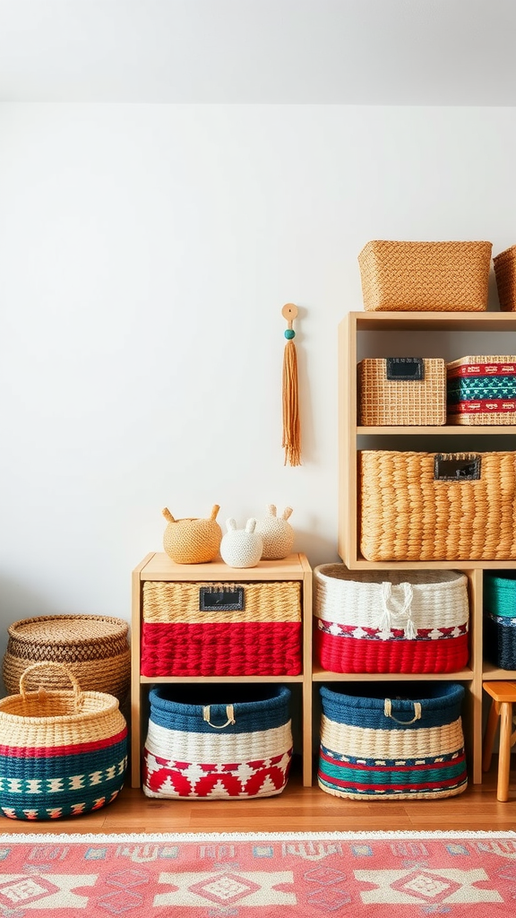 Colorful woven storage baskets in a boho playroom