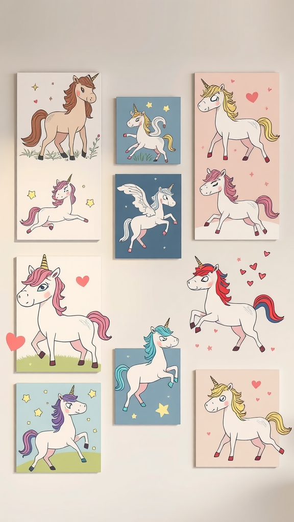 Colorful unicorn-themed wall art in a nursery room