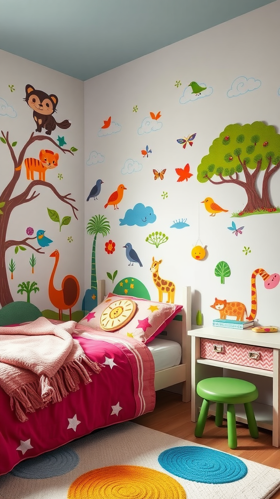 Colorful wall decals of animals, trees, and clouds in a child's bedroom