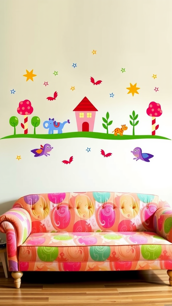 Colorful wall decals with houses, trees, and stars above a bright couch.