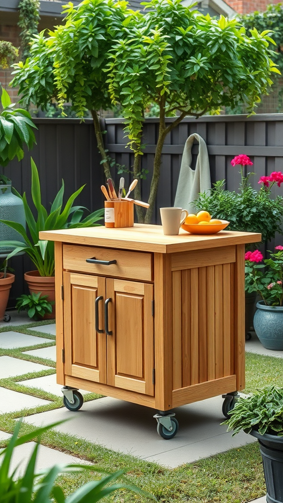 A wooden portable kitchen island with wheels, surrounded by plants and flowers in an outdoor setting.