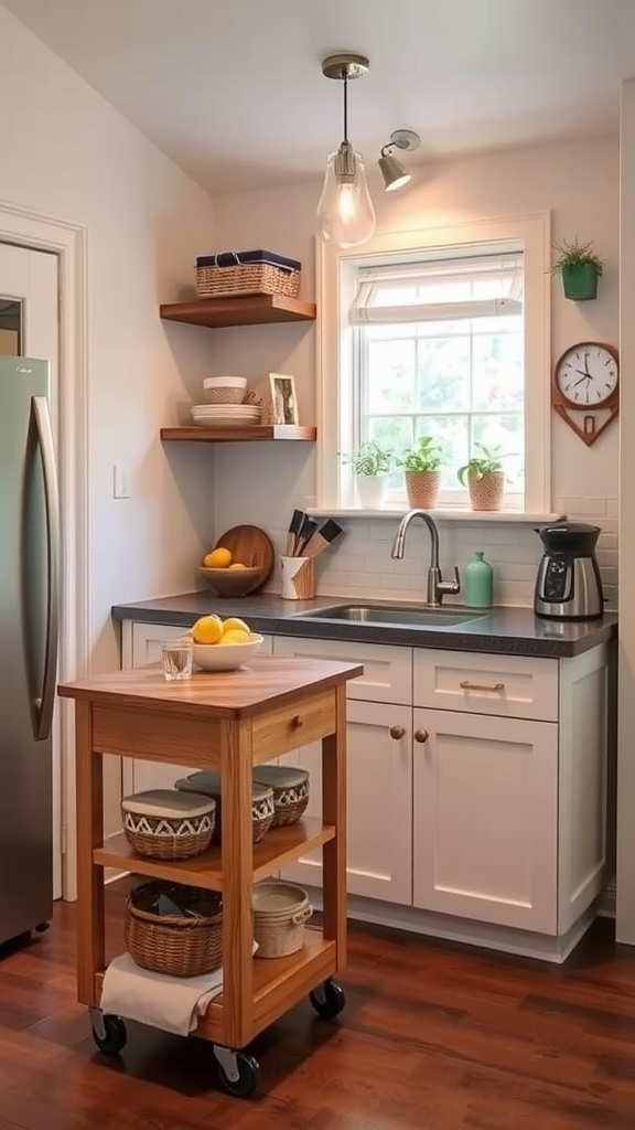 A cozy kitchen featuring a portable kitchen island with wooden shelves and decor.