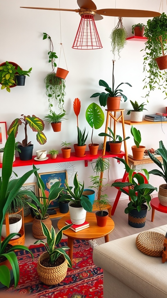 A vibrant living room filled with various potted plants and greenery displays.