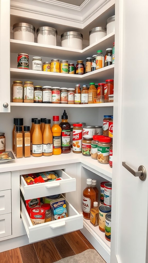 A well-organized corner kitchen pantry with pull-out drawers and various jars and bottles.