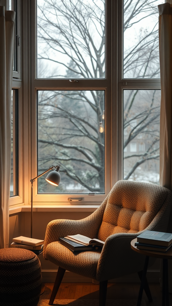 Cozy reading nook with a plush chair and window view