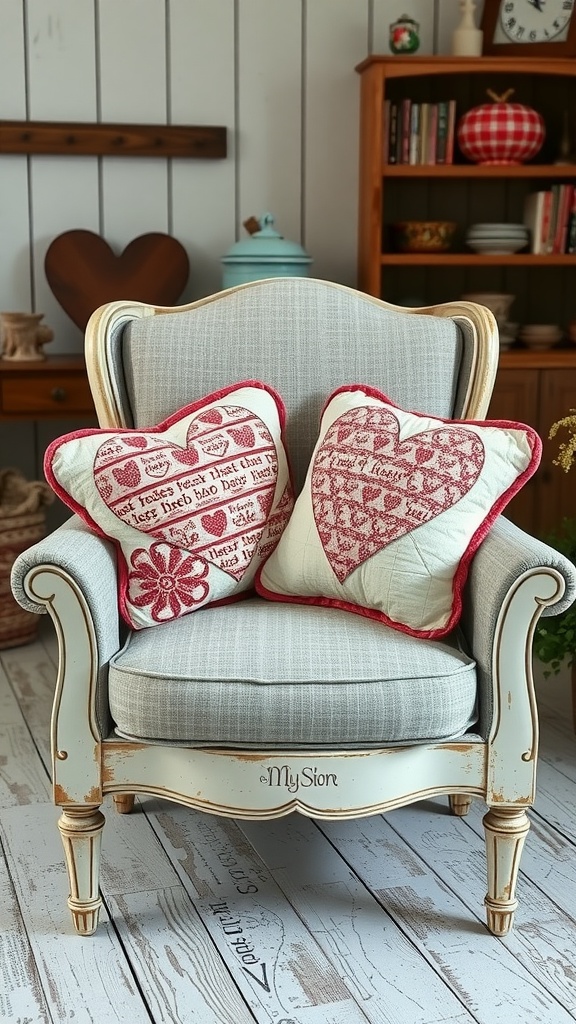 Two quilted heart pillows on a vintage armchair in a farmhouse setting