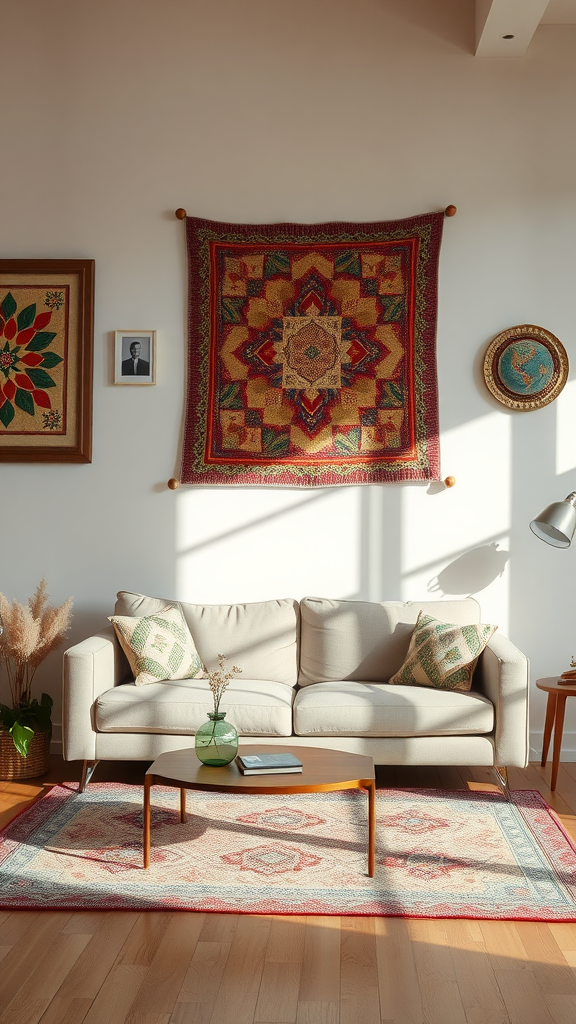 Cozy living room with quilted wall hanging, sofa, and decorative elements.