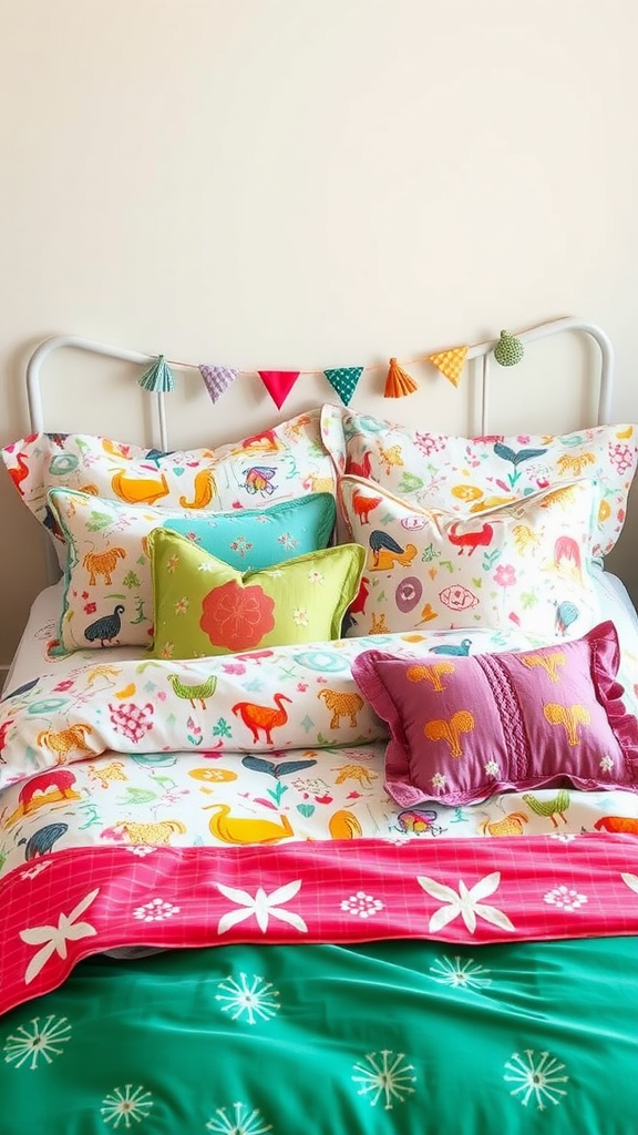 Colorful bed linens featuring playful animal designs and vibrant pillows