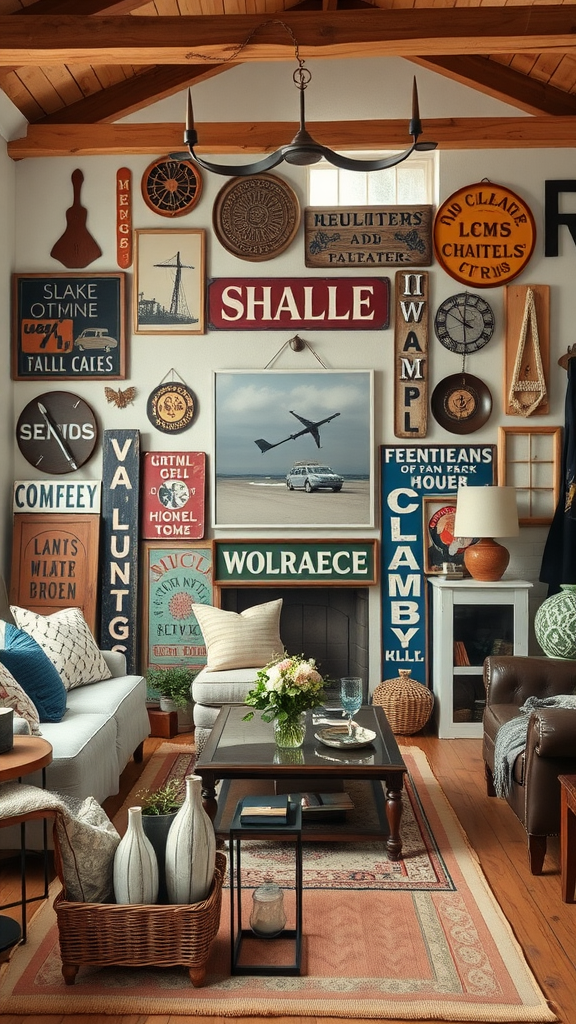 A rustic French country living room filled with quirky decor items including vintage signs and mismatched vases.