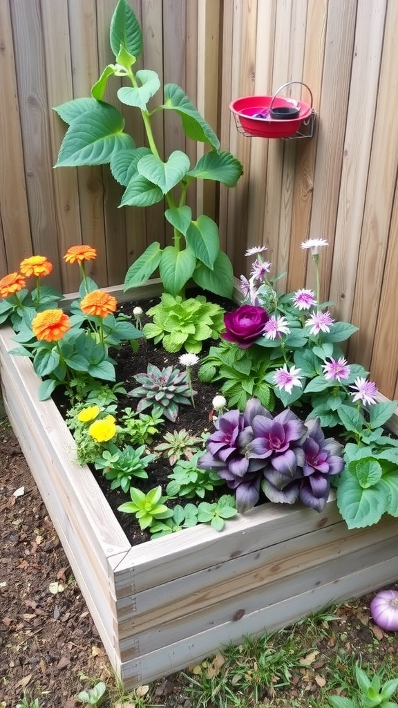 A colorful raised garden bed with various plants and flowers.