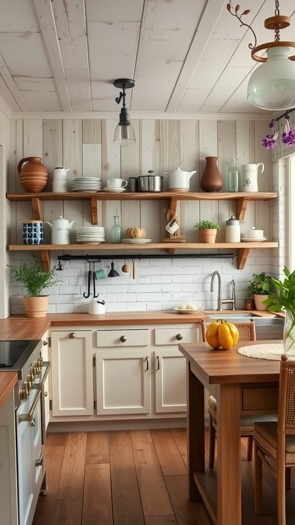 A cozy kitchen with reclaimed wood shelves, white cabinets, and warm wooden accents.