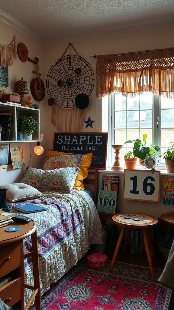 A cozy boho dorm room featuring upcycled decor items.