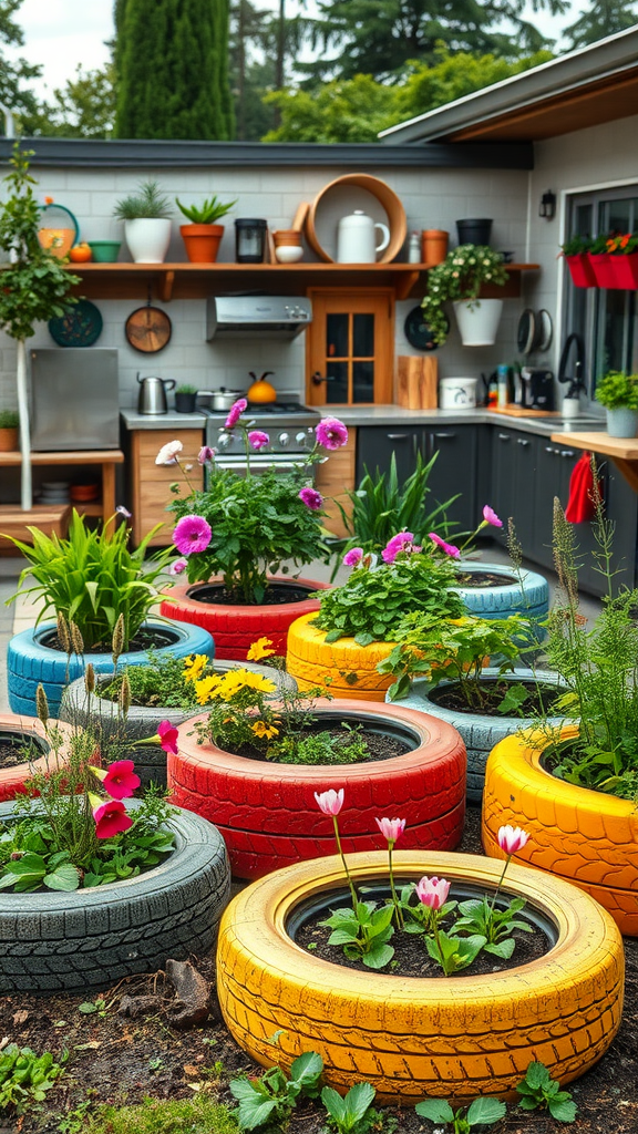 Colorful recycled tires used as planters in an outdoor kitchen garden