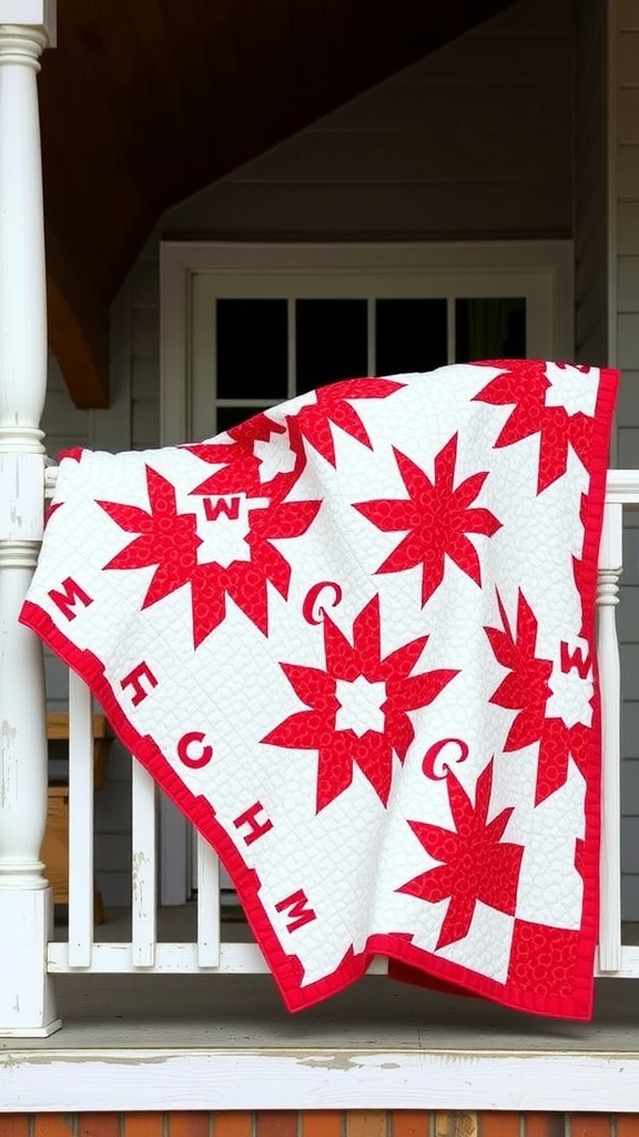 A red and white barn quilt displayed on a porch railing.