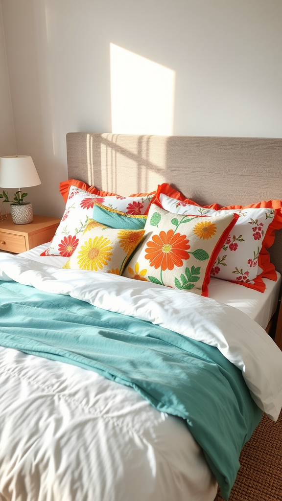 A cozy bed with colorful floral pillows and a soft teal blanket.