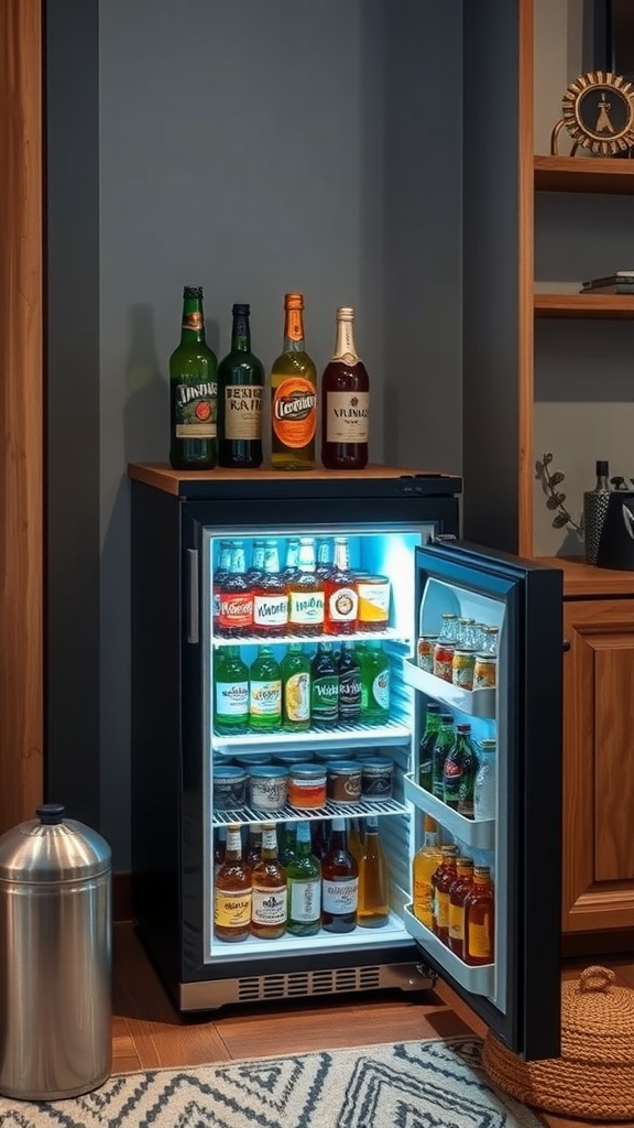 Mini fridge filled with drinks in a stylish setting