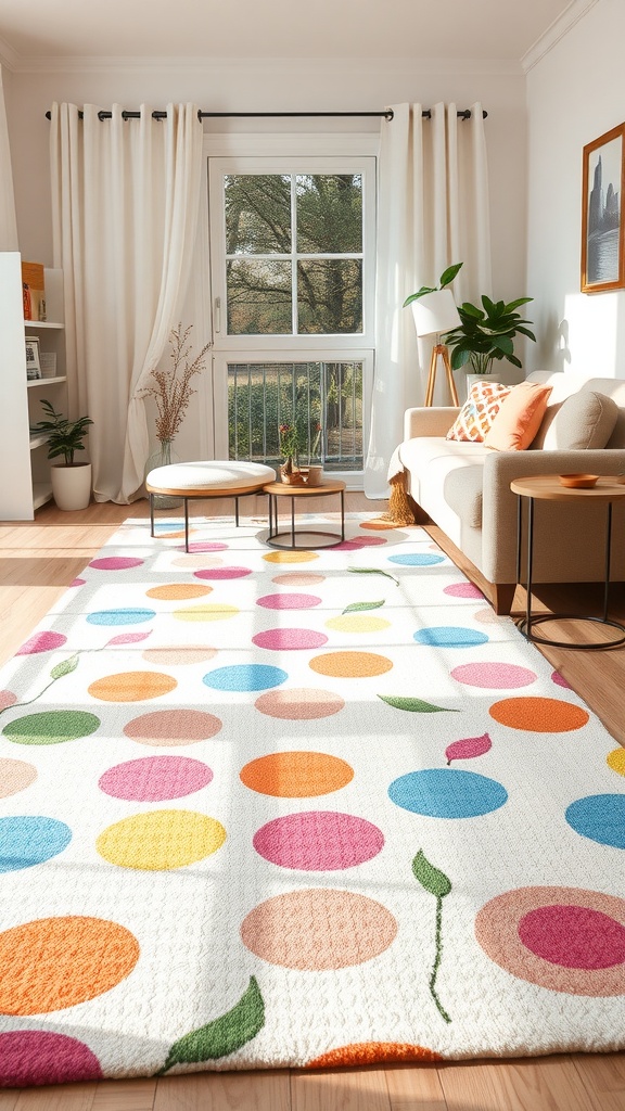 A bright and colorful rug with polka dots in a sunny living room.