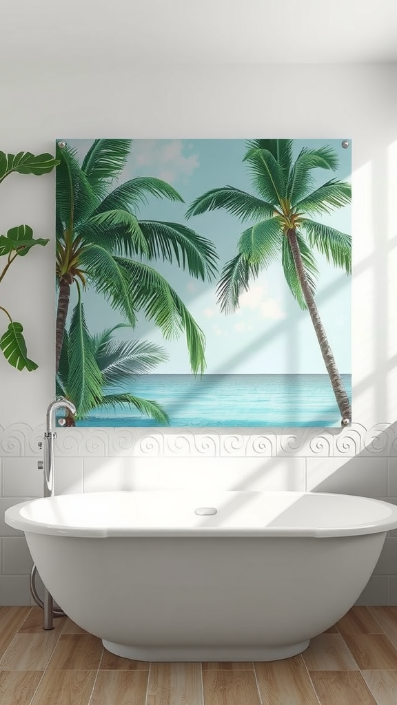 Tropical bathroom decor with palm tree artwork and a modern bathtub.