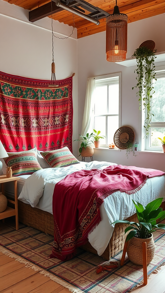 Cozy bohemian style bedroom with vibrant colors and plants