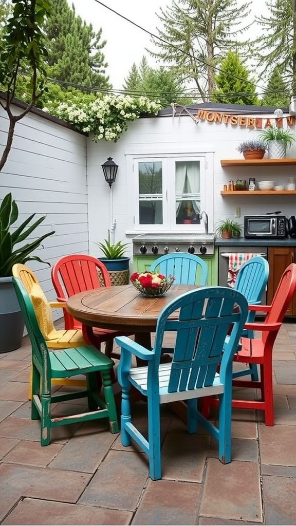 A vibrant outdoor kitchen space with a round table surrounded by colorful repurposed chairs.