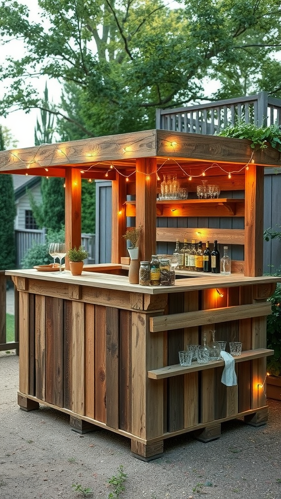 A rustic outdoor bar made from repurposed pallets with string lights.