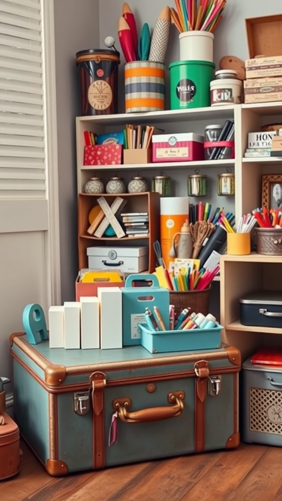 A vintage suitcase used for storage in a colorful craft room filled with art supplies.