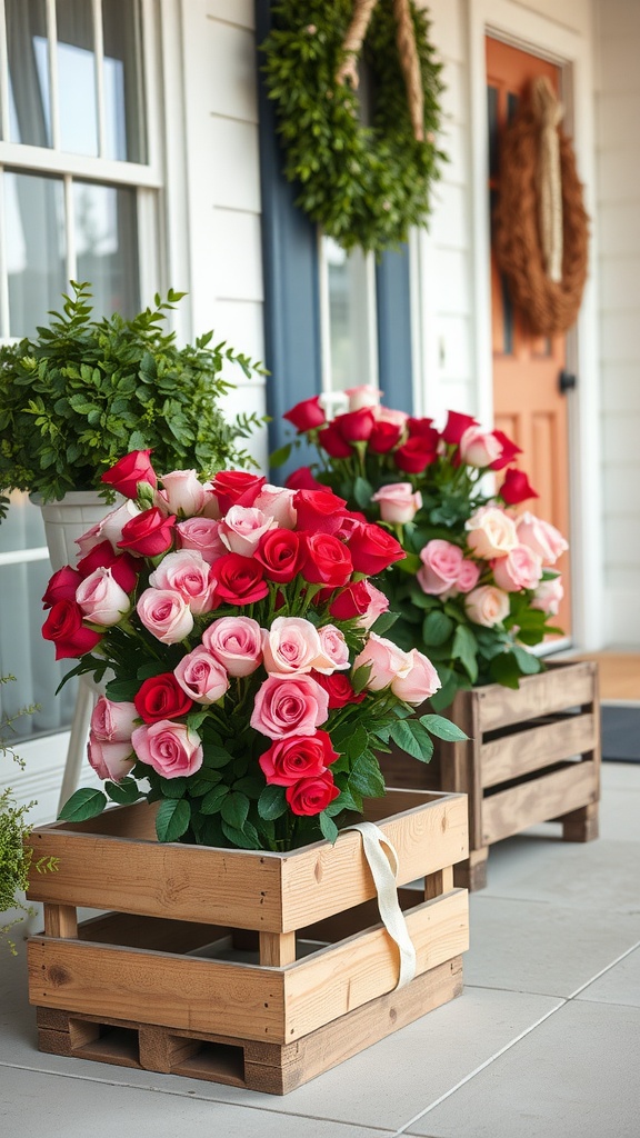 Two repurposed wooden crates filled with red and pink roses, adding vintage charm to a farmhouse entryway.