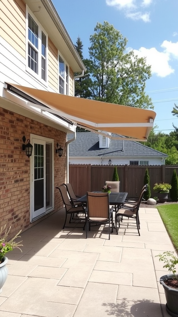 A spacious patio with a retractable awning providing shade over a dining table.