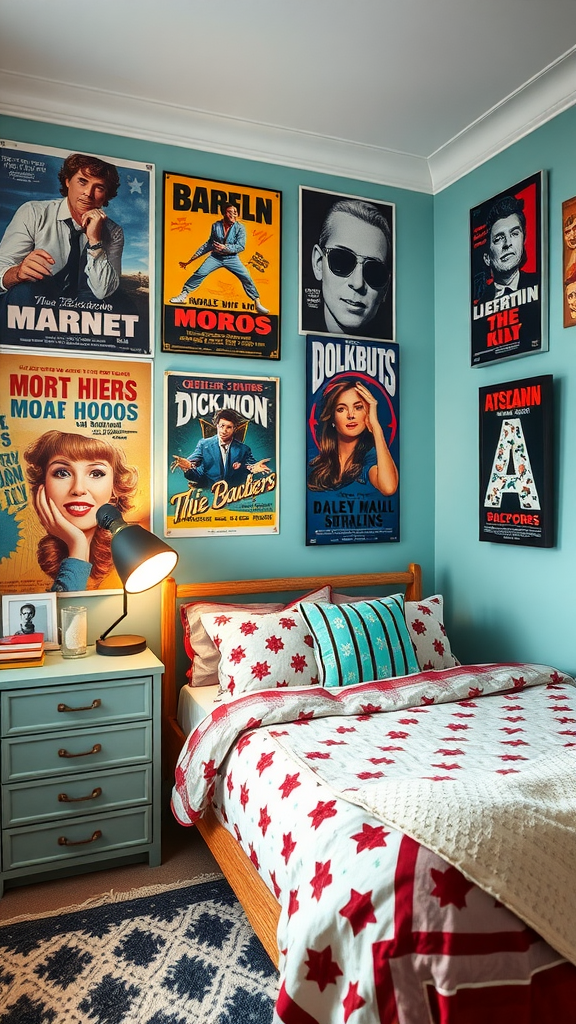 A cozy bedroom featuring retro-style posters on the walls, showcasing vibrant designs and nostalgic themes.