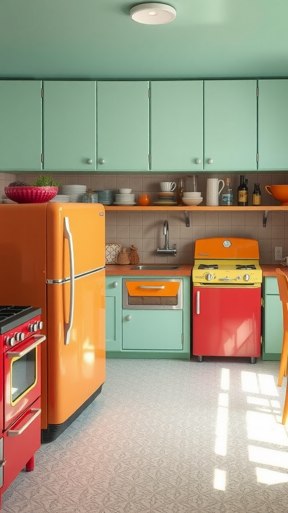 A colorful kitchen featuring retro appliances in bold colors like orange, red, and yellow.